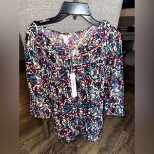 NWT INTRO L petite Smocked Rayon Crew Neck Floral Top Blouse